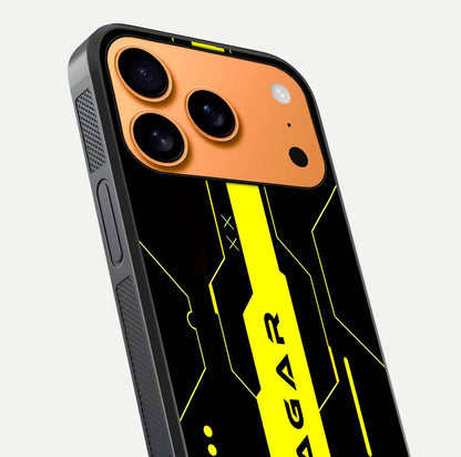 Neon CYBERPUNK Custom Name Glass Case for iPhone 17 Pro Max close-up angled shot highlighting electric colors and reflection