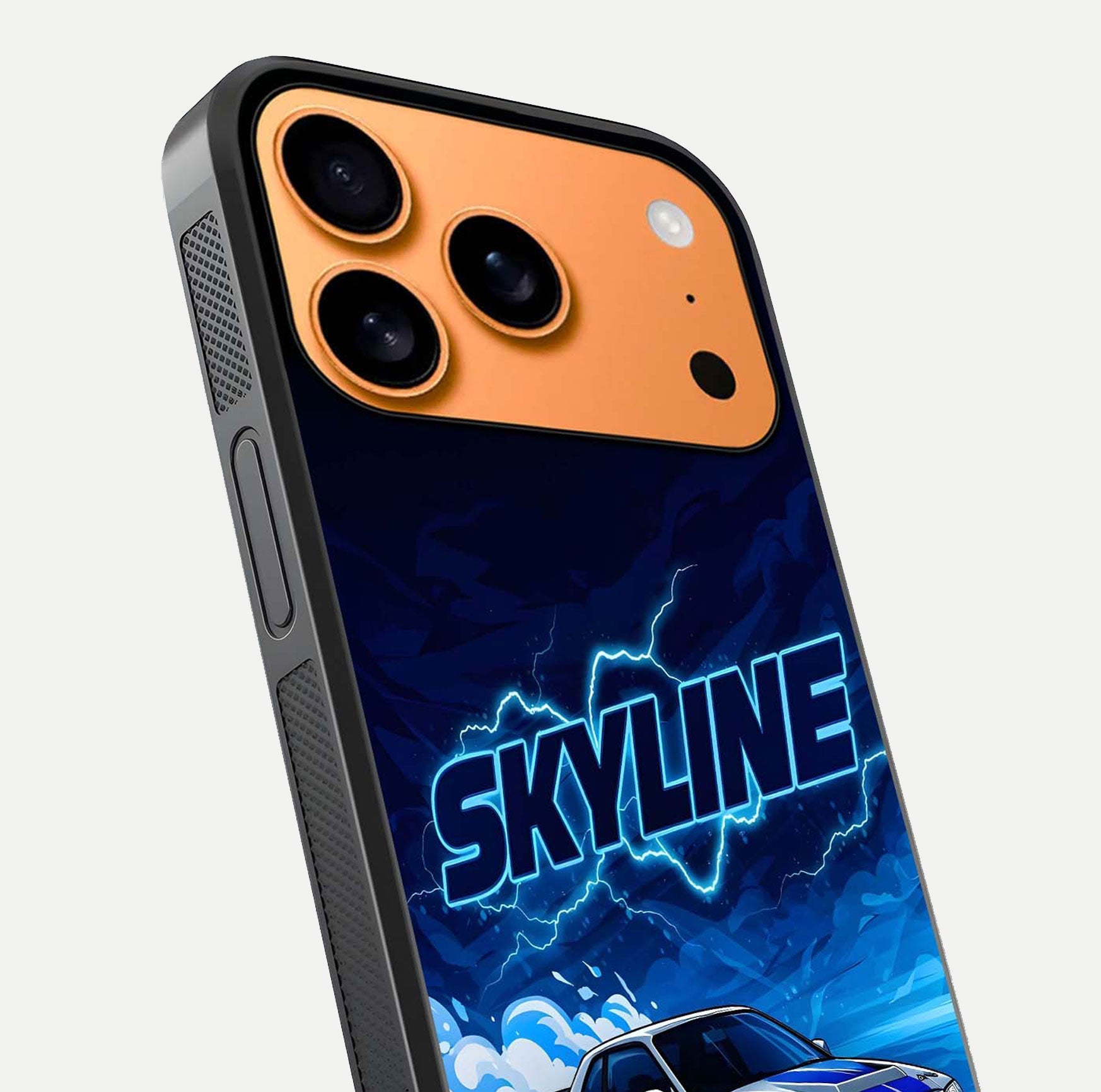 Neon Drift Beast Glass Case for iPhone 17 Pro Max close-up angled shot highlighting glowing streaks and vivid reflection