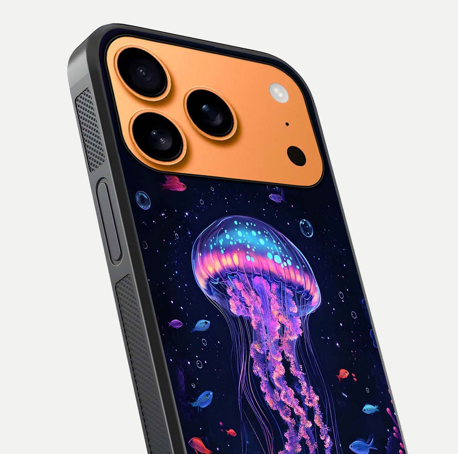 Neon Jellyfish Glass Case for iPhone 17 Pro Max close-up angled shot showing translucent jellyfish and shine reflection