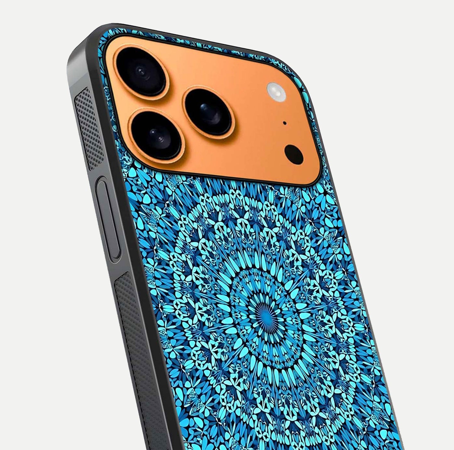 Ocean Bloom Mandala Glass Case for iPhone 17 Pro Max close-up angled shot highlighting detailed mandala and reflection