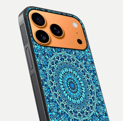 Ocean Bloom Mandala Glass Case for iPhone 17 Pro Max close-up angled shot highlighting detailed mandala and reflection