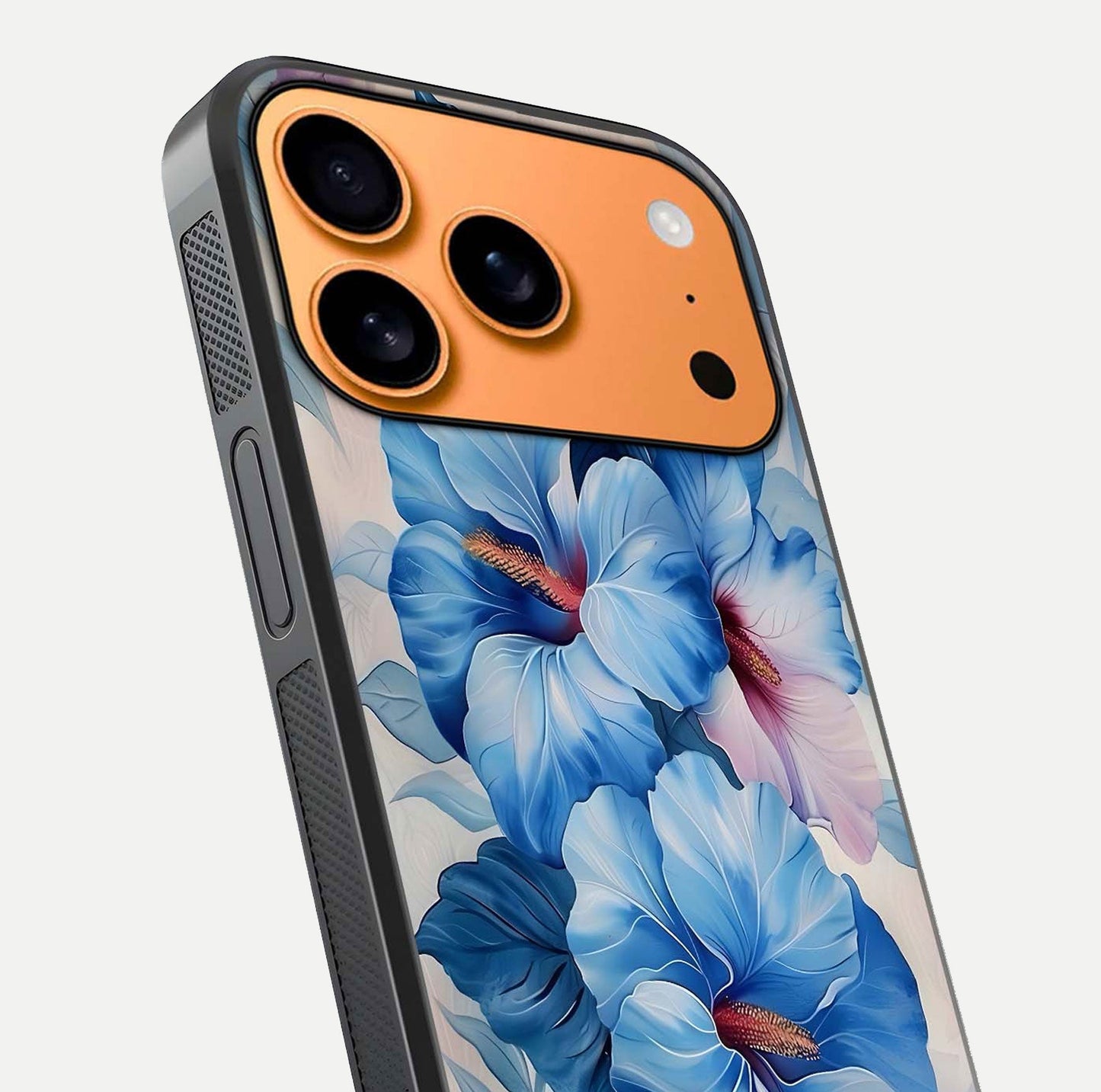 Ocean Hibiscus Grace Glass Case for iPhone 17 Pro Max close-up angled shot highlighting floral glow and HD shine