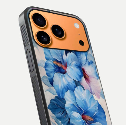 Ocean Hibiscus Grace Glass Case for iPhone 17 Pro Max close-up angled shot highlighting floral glow and HD shine