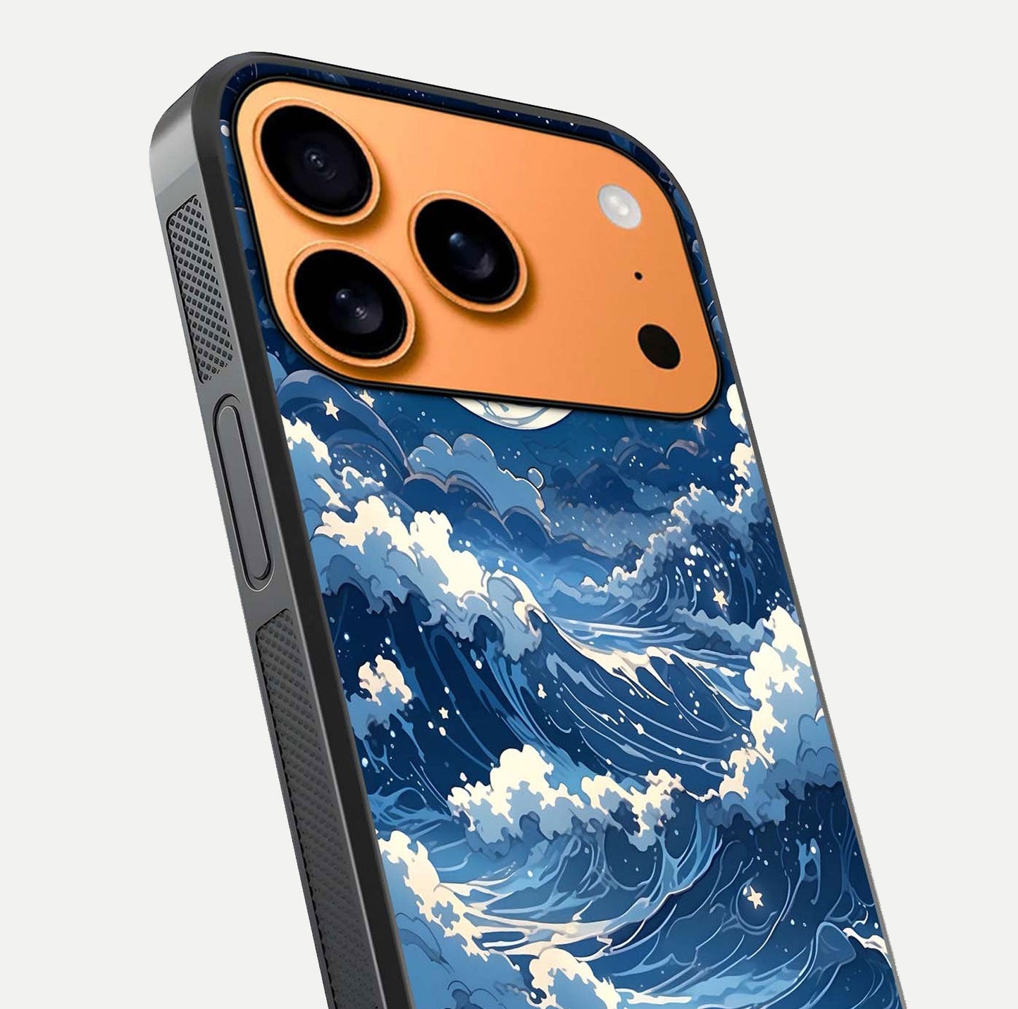 Ocean Moon Waves Glass Case for iPhone 17 Pro Max close-up angled shot showing HD reflection and calm tones