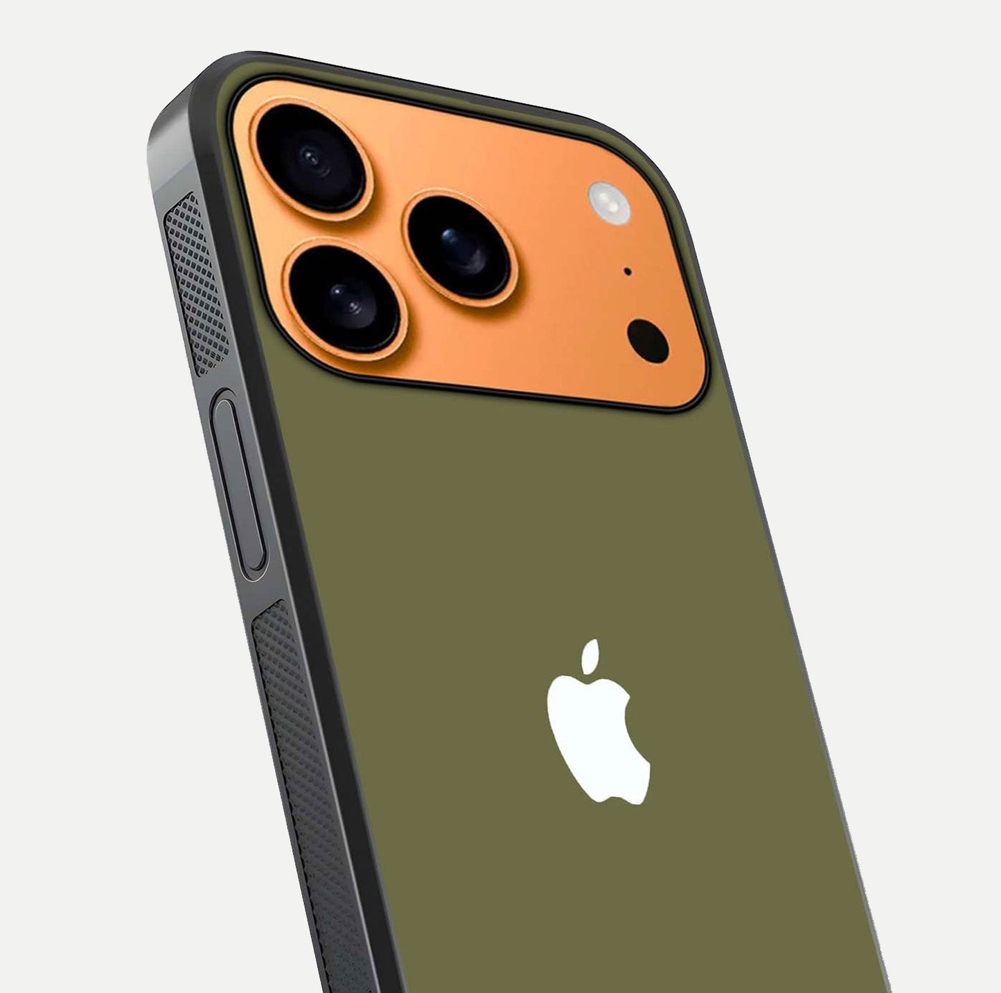 Olive Matte Essence Glass Case for iPhone 17 Pro Max close-up angled shot showing soft reflection and minimal finish