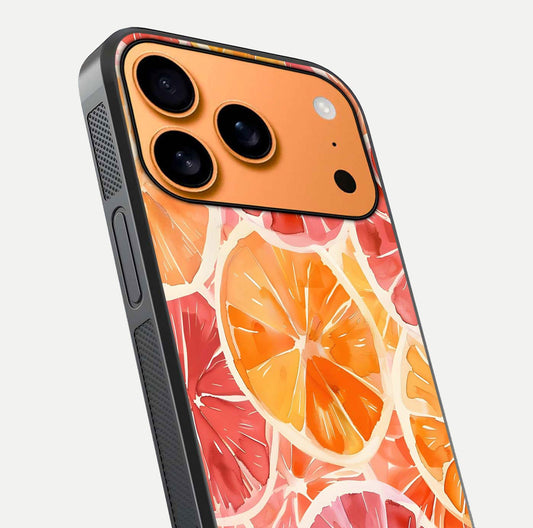 Orange Fruits Pattern Glass Case for iPhone 17 Pro Max close-up angled shot showing juicy fruit texture and reflection