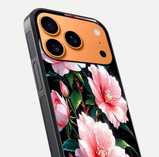 Peach Flower Glass Case for iPhone 17 Pro Max close-up angled shot highlighting floral petals and HD glass reflection