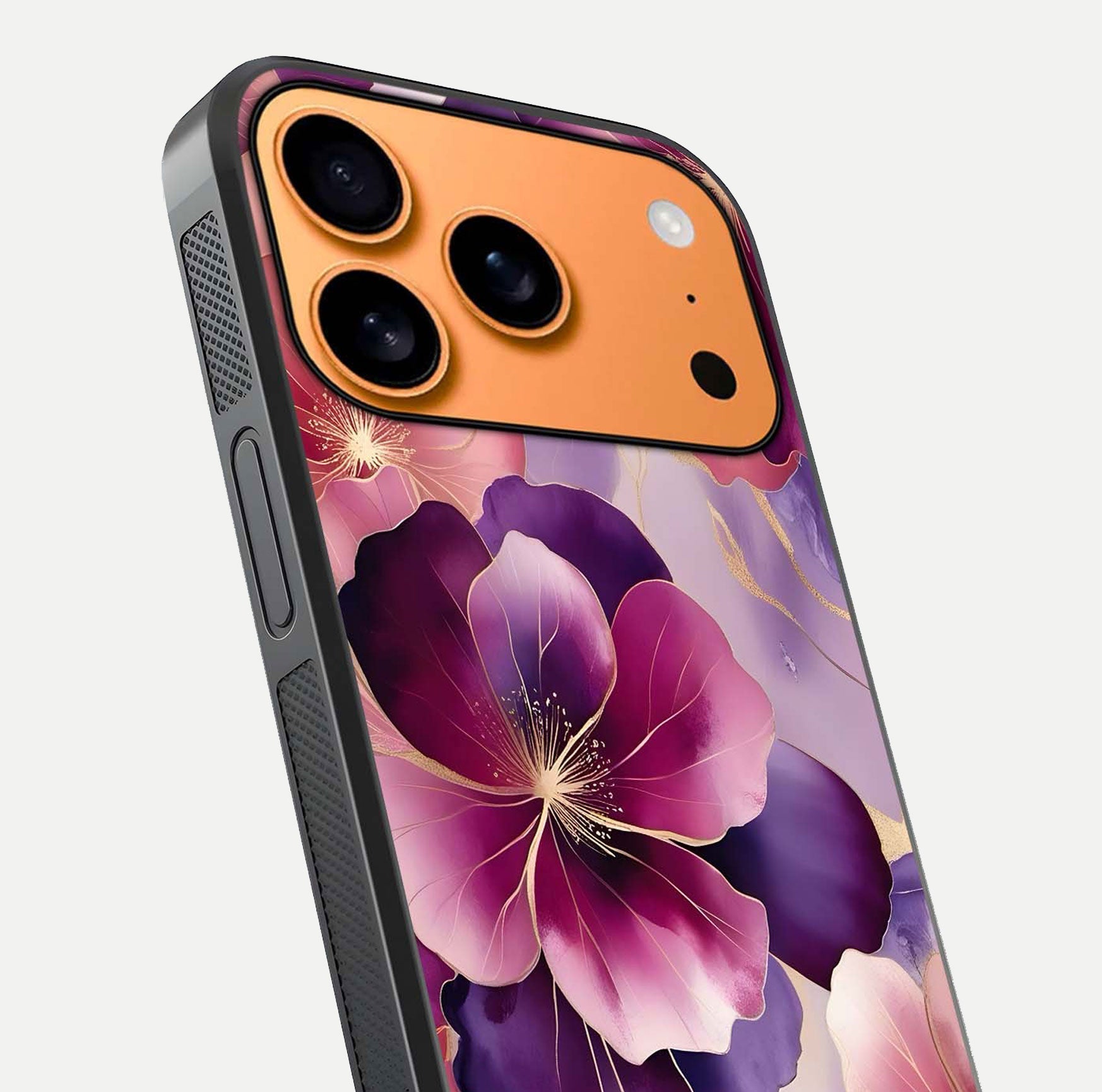 Pink Bouquet Florals Glass Case for iPhone 17 Pro Max close-up angled shot showing bouquet details and reflection