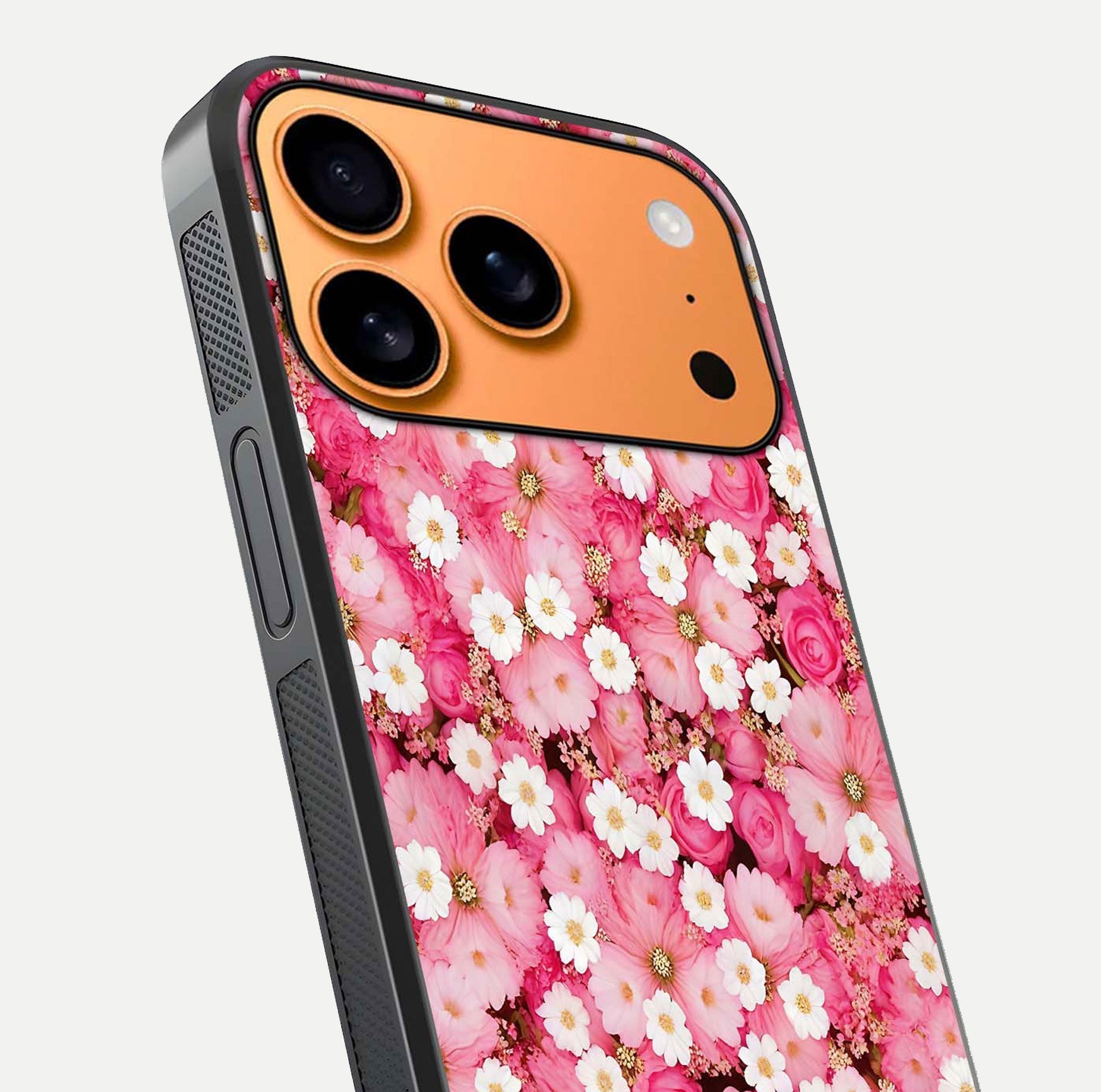 Pink Daisy Bliss Glass Case for iPhone 17 Pro Max close-up angled shot highlighting daisy detail and reflection glow