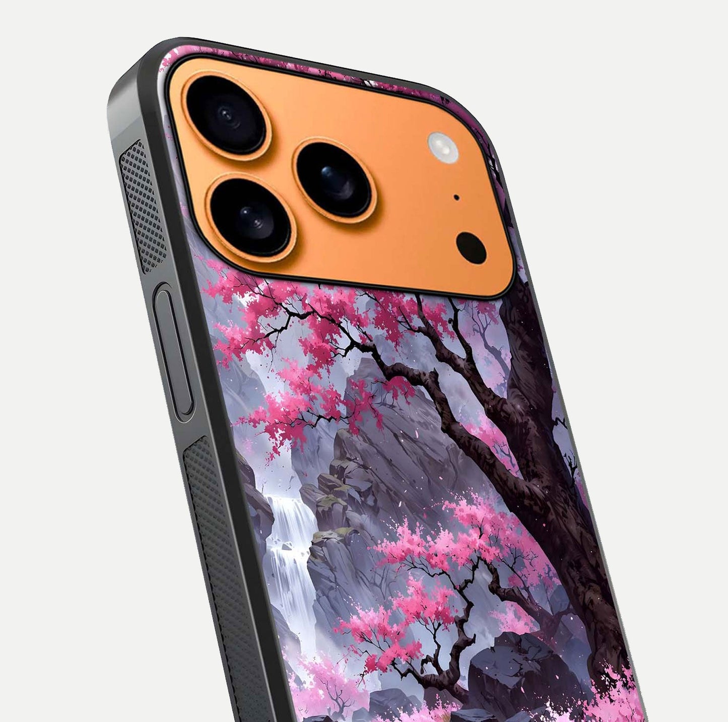 Pinkish Scenery Glass Case for iPhone 17 Pro Max close-up angled shot showing reflection and gradient color blend