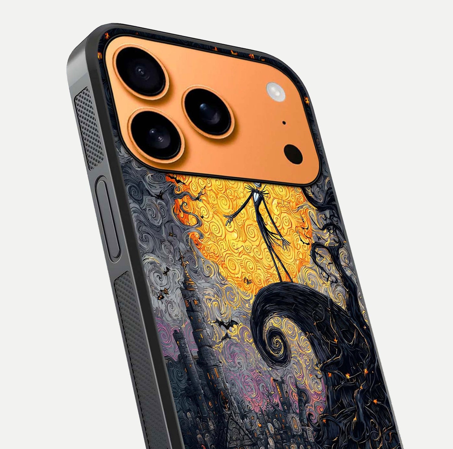 Pumpkin Moon Night Glass Case for iPhone 17 Pro Max close-up angled shot showing moon reflection and Halloween glow