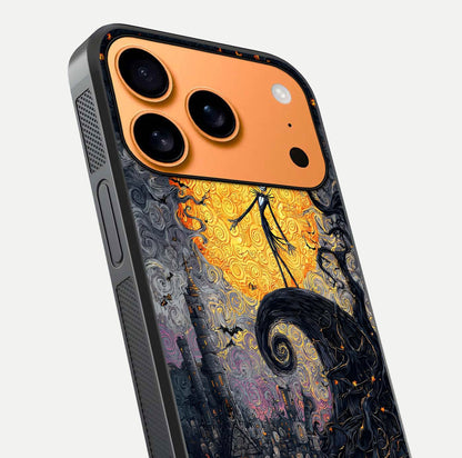 Pumpkin Moon Night Glass Case for iPhone 17 Pro Max close-up angled shot showing moon reflection and Halloween glow