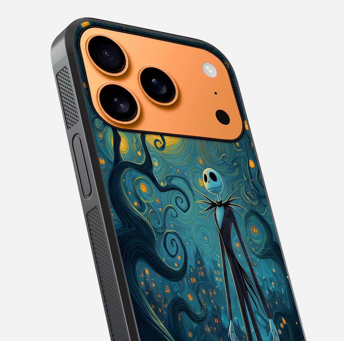 Pumpkin Moonlight Tale Glass Case for iPhone 17 Pro Max close-up angled shot highlighting reflection and vibrant glow