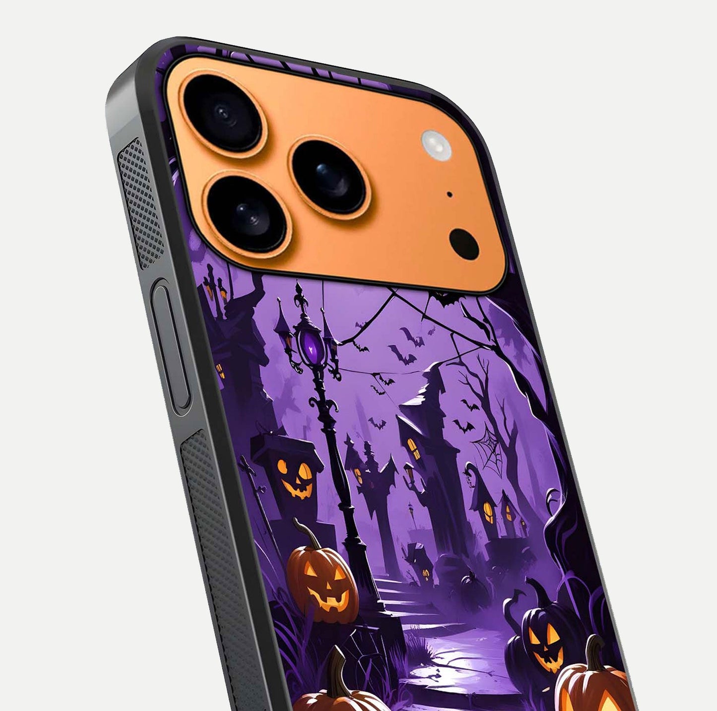 Pumpkin Patch Halloween Glass Case for iPhone 17 Pro Max close-up angled shot highlighting pumpkin texture and shine