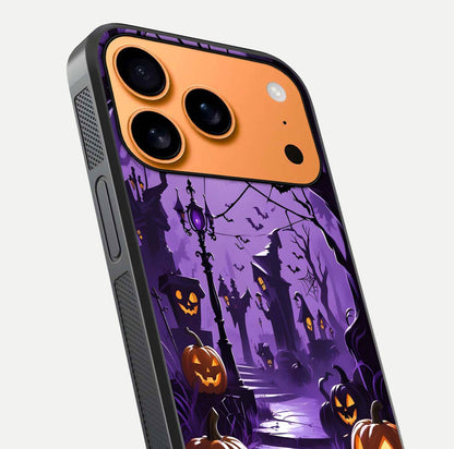Pumpkin Patch Halloween Glass Case for iPhone 17 Pro Max close-up angled shot highlighting pumpkin texture and shine