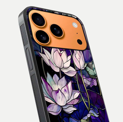 Purple Lotus Pattern Glass Case for iPhone 17 Pro Max close-up angled shot showing petal texture and HD reflection
