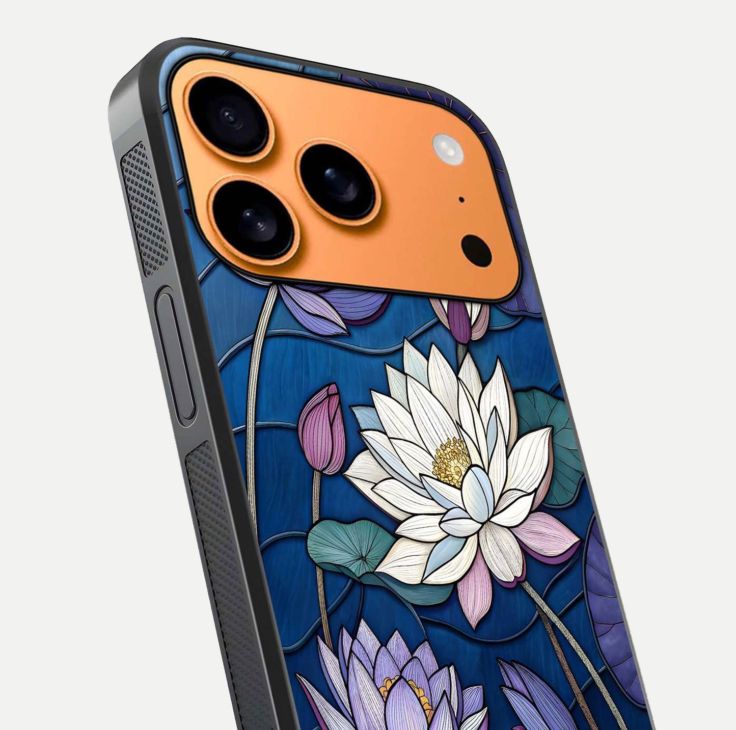Purple Lotus Stained Glass Case for iPhone 17 Pro Max close-up angled shot highlighting glass pattern and reflection