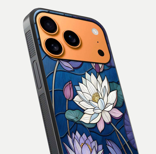 Purple Lotus Stained Glass Case for iPhone 17 Pro Max close-up angled shot highlighting glass pattern and reflection