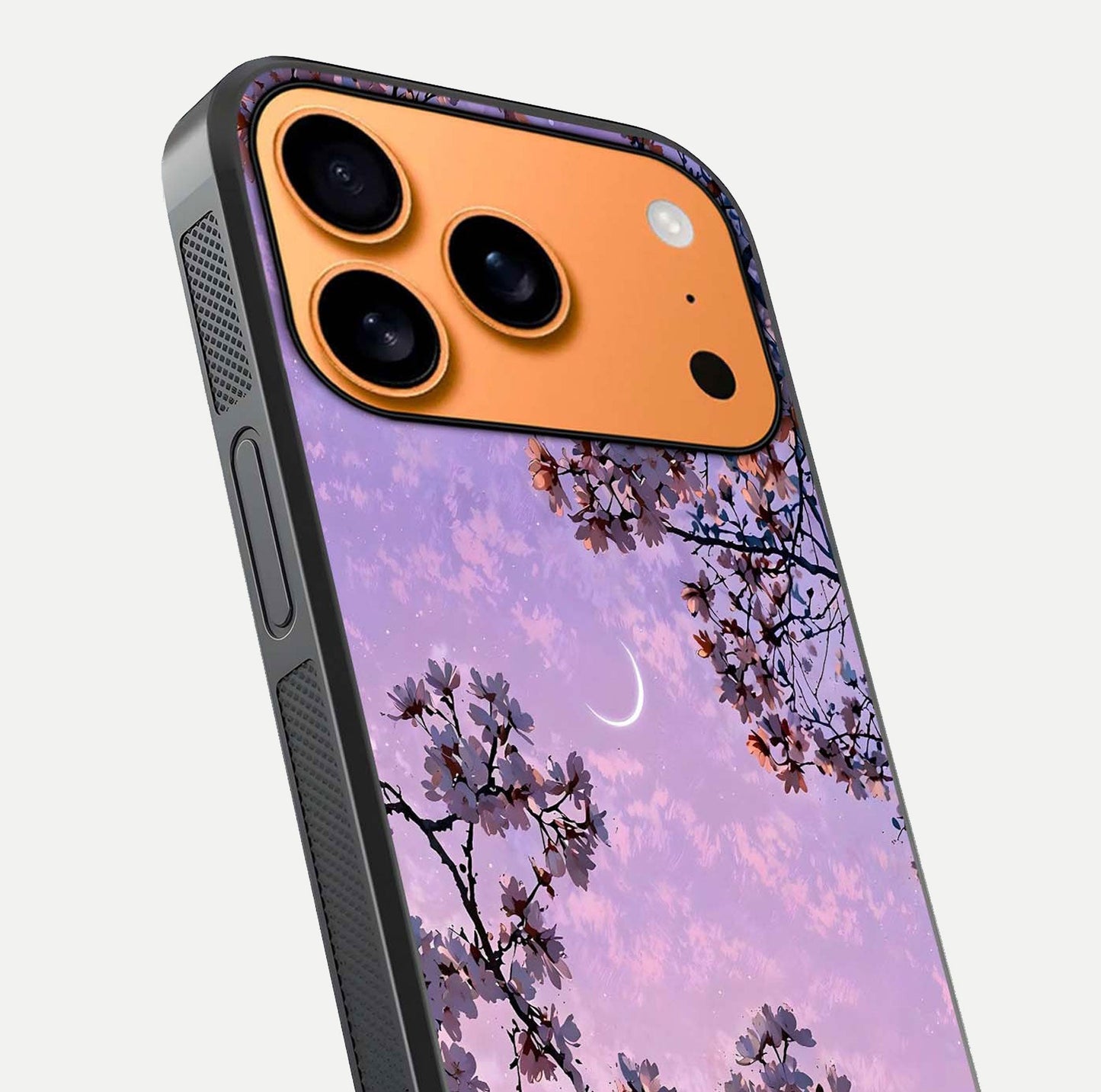 Purple Serenity Moon Glass Case for iPhone 17 Pro Max close-up angled shot showing reflection and gradient purple hues