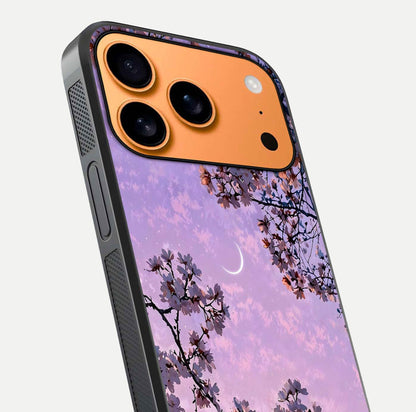 Purple Serenity Moon Glass Case for iPhone 17 Pro Max close-up angled shot showing reflection and gradient purple hues