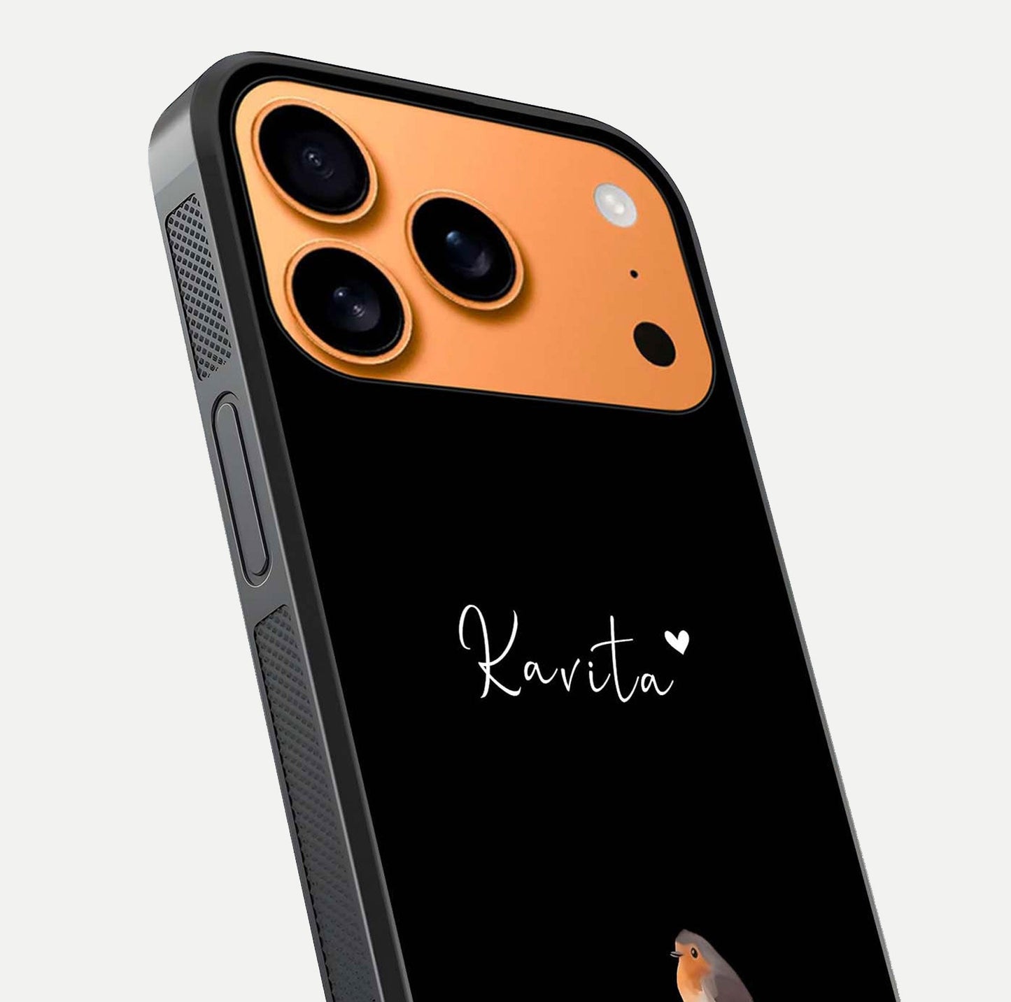Quiet Garden Tune Custom Name Glass Case for iPhone 17 Pro Max close-up angled shot showing soft tones and gloss reflection