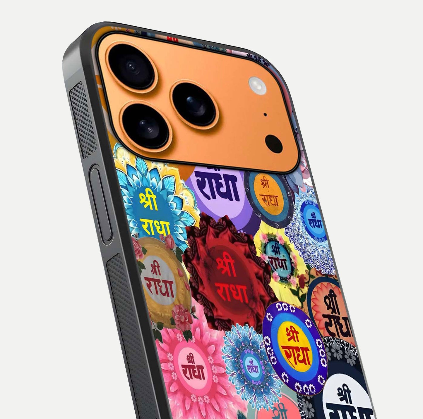 Radha Divine Bloom Glass Case for iPhone 17 Pro Max close-up angled shot highlighting divine detailing and shine