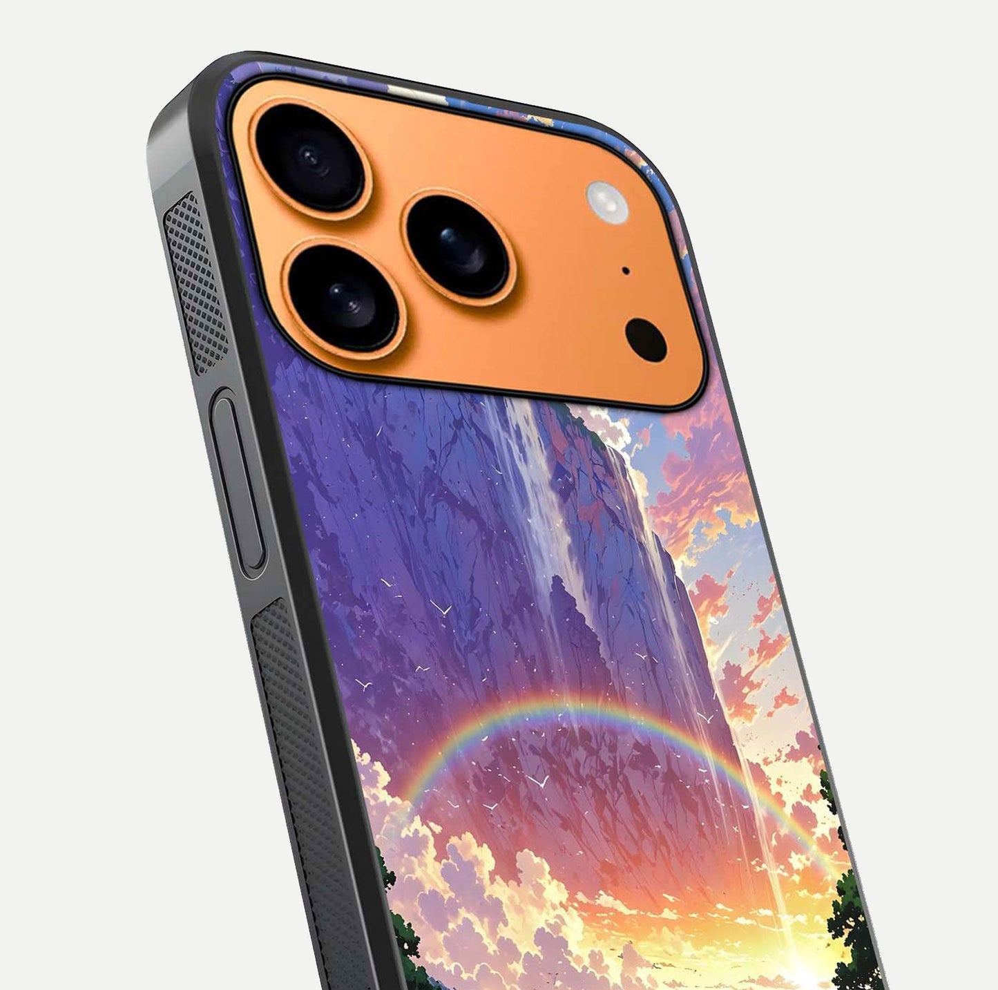 Rainbow Valley Dream Glass Case for iPhone 17 Pro Max close-up angled shot highlighting gradient tones and HD shine