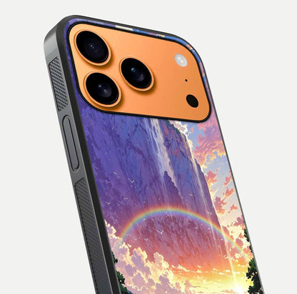 Rainbow Valley Dream Glass Case for iPhone 17 Pro Max close-up angled shot highlighting gradient tones and HD shine