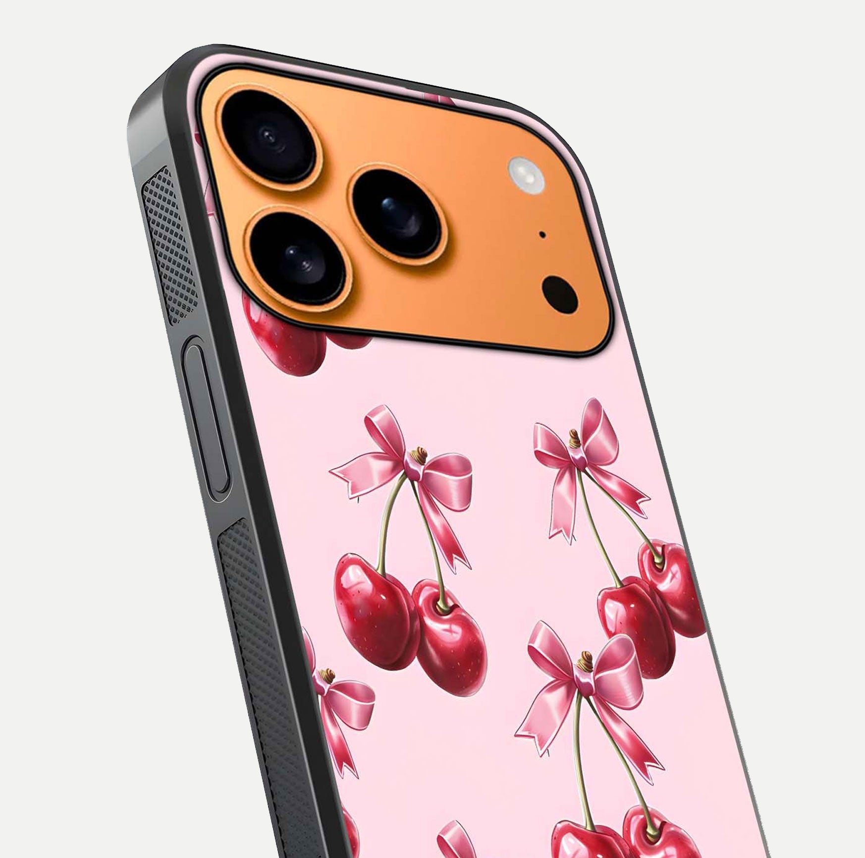 Red Cherries Pattern Glass Case for iPhone 17 Pro Max close-up angled shot showing cherry details and HD reflection