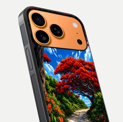 Red Trees Pathway Glass Case for iPhone 17 Pro Max close-up angled shot highlighting forest detail and reflection