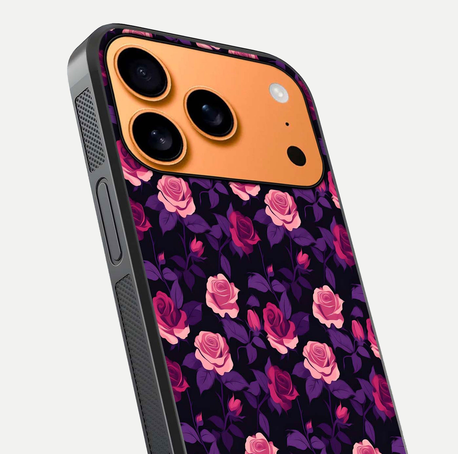 Rose Garden Twilight Glass Case for iPhone 17 Pro Max close-up angled shot highlighting rose contrast and reflection