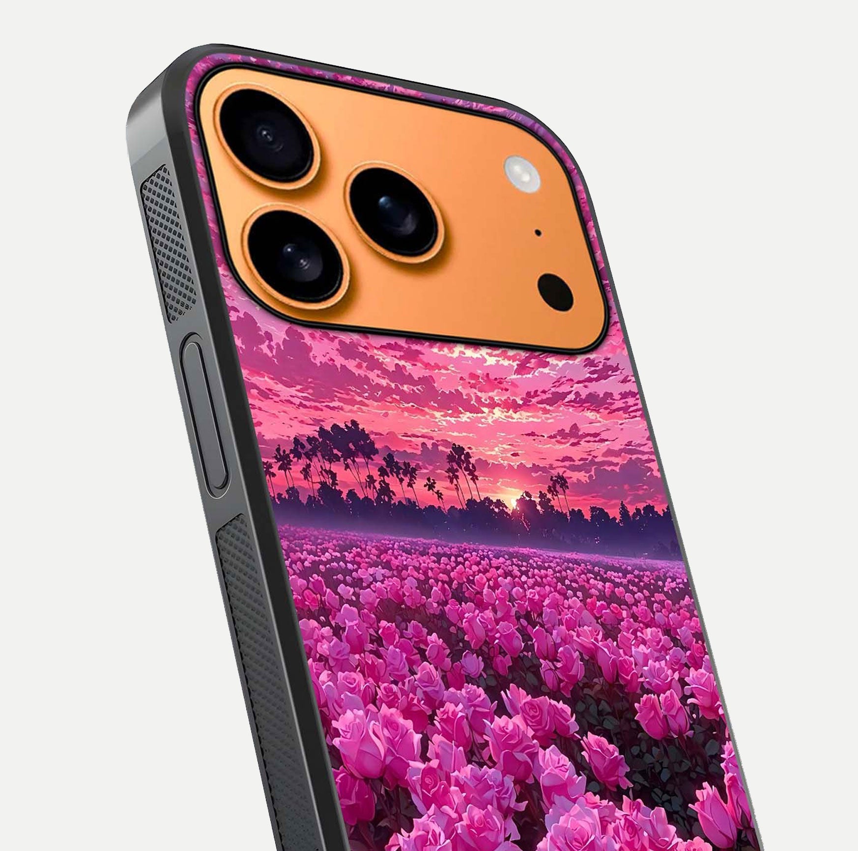 Rose Sunset Valley Glass Case for iPhone 17 Pro Max close-up angled shot showing rose detailing and golden hues