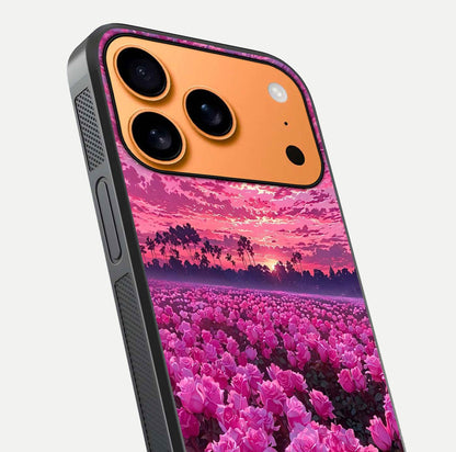 Rose Sunset Valley Glass Case for iPhone 17 Pro Max close-up angled shot showing rose detailing and golden hues