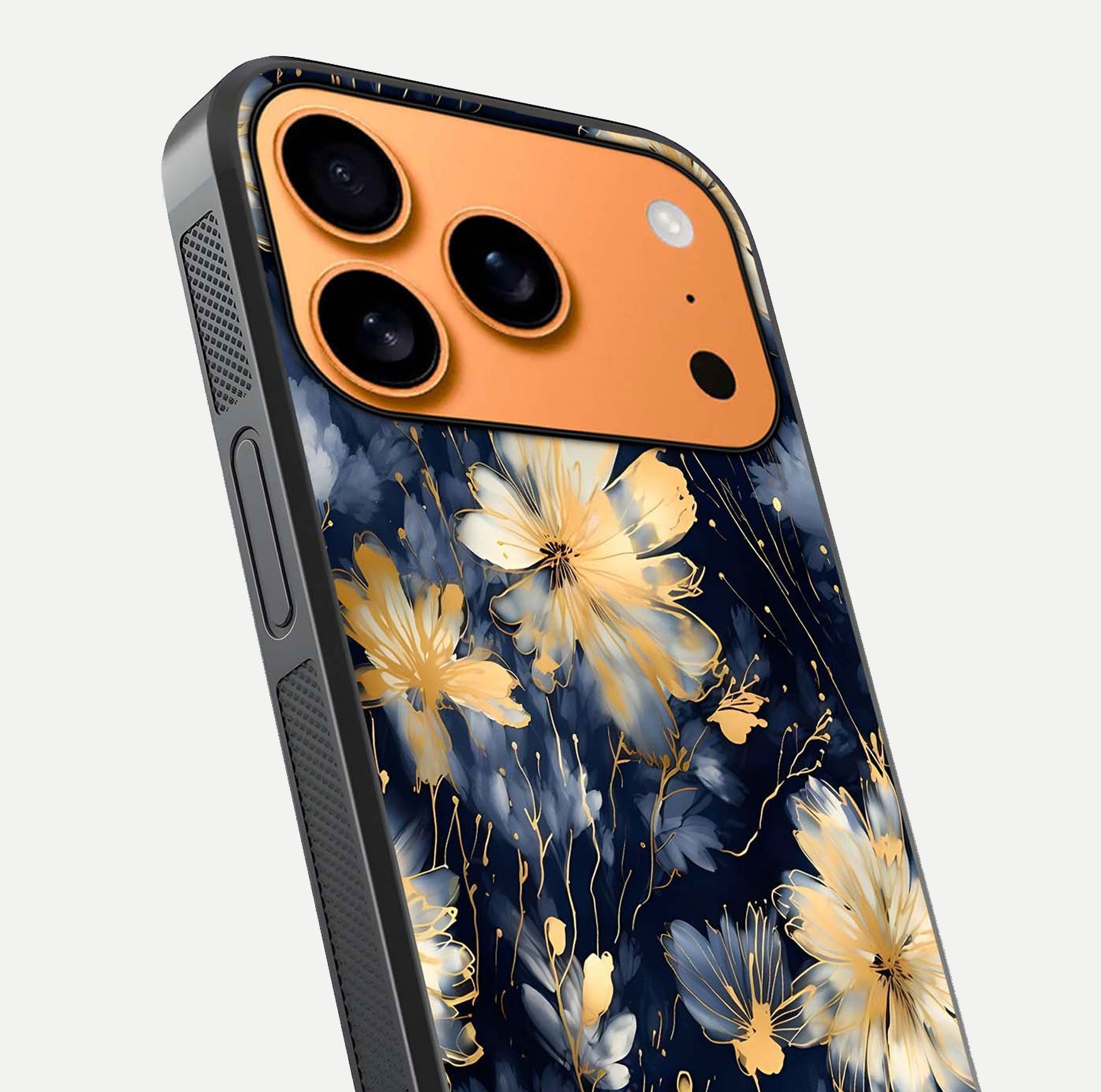 Royal Petal Dream Glass Case for iPhone 17 Pro Max close-up angled shot highlighting petal texture and reflection depth