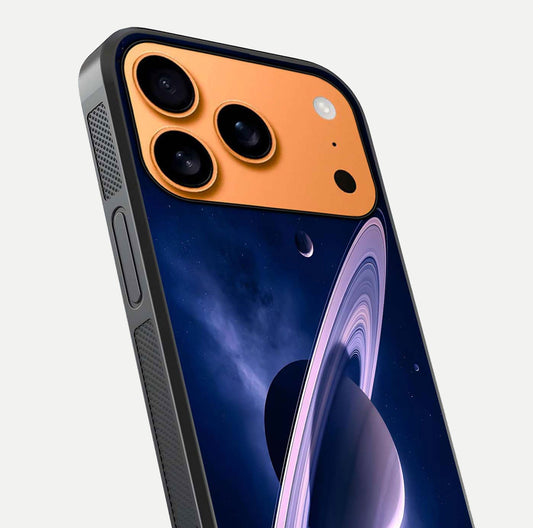 Saturn Ring Mystique Glass Case for iPhone 17 Pro Max close-up angled shot highlighting ring detail and HD reflection