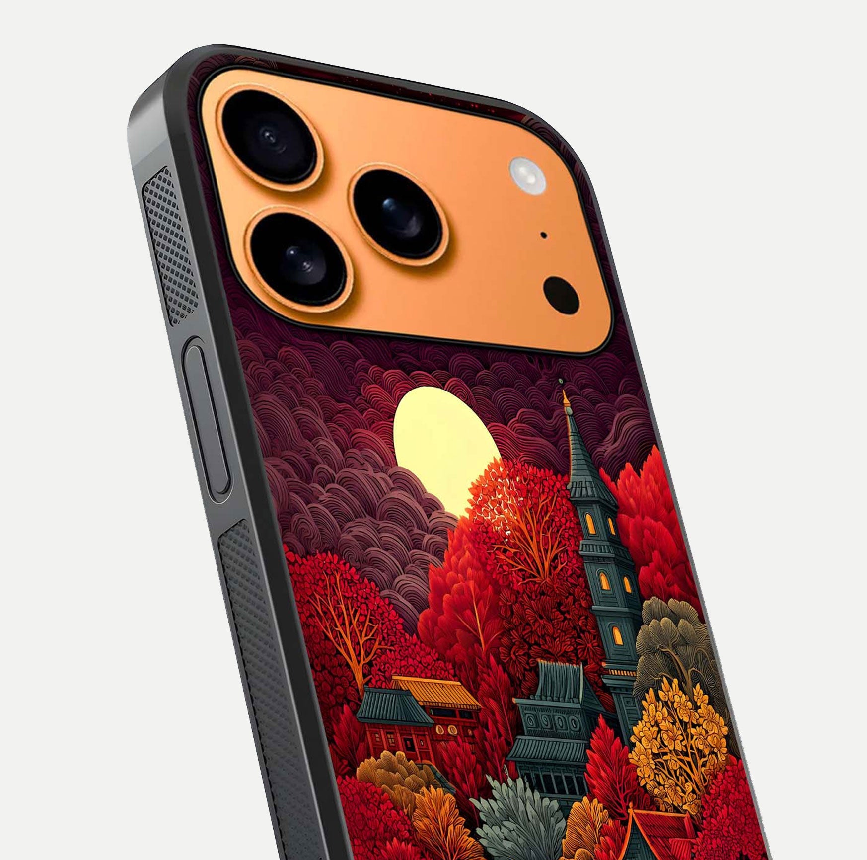 Scarlet Autumn Temple Glass Case for iPhone 17 Pro Max close-up angled shot highlighting golden leaves and reflection