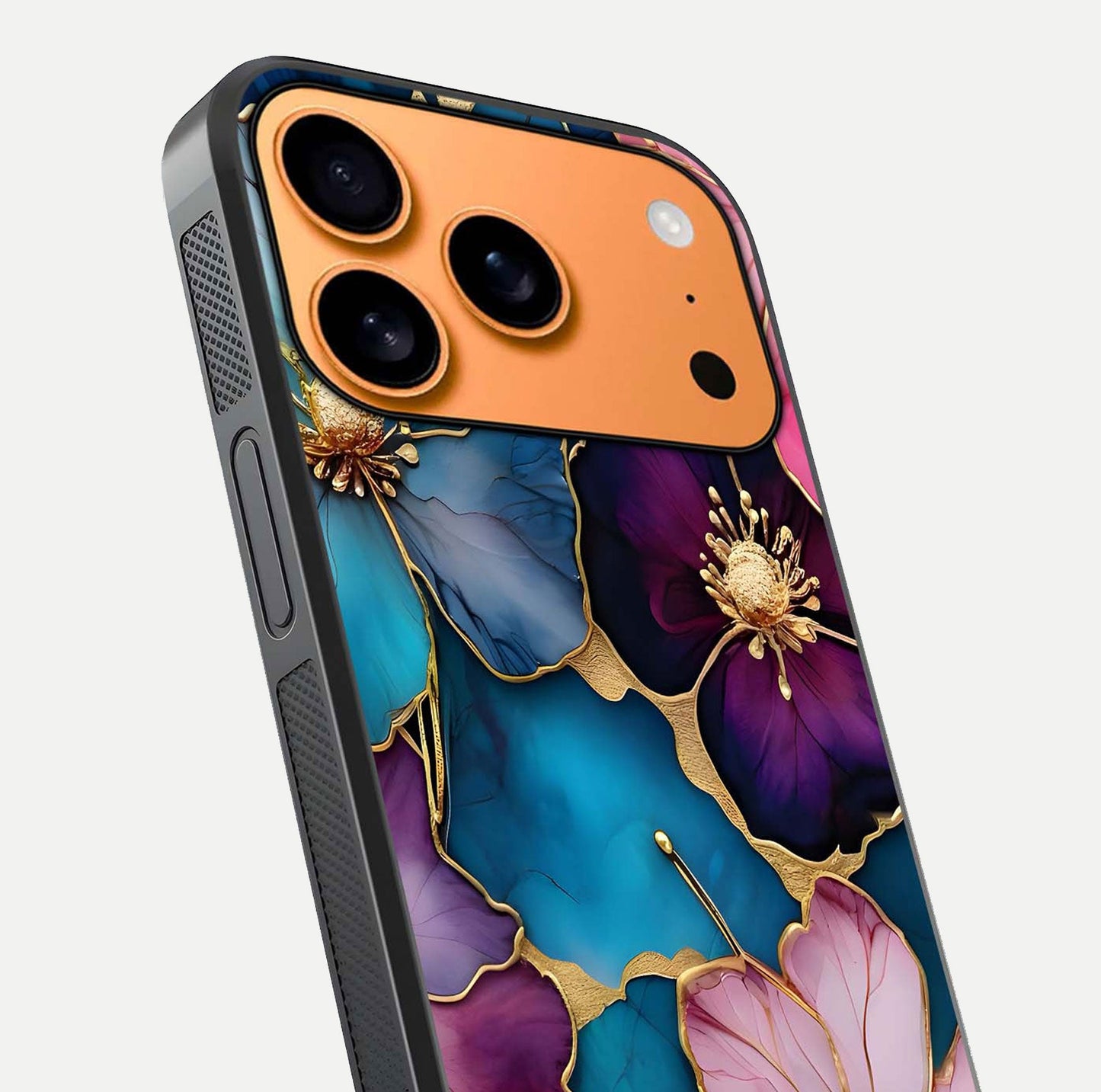 Sparkle Floral Glass Case for iPhone 17 Pro Max close-up angled shot highlighting shimmer details and reflection