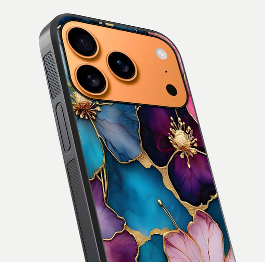 Sparkle Floral Glass Case for iPhone 17 Pro Max close-up angled shot highlighting shimmer details and reflection