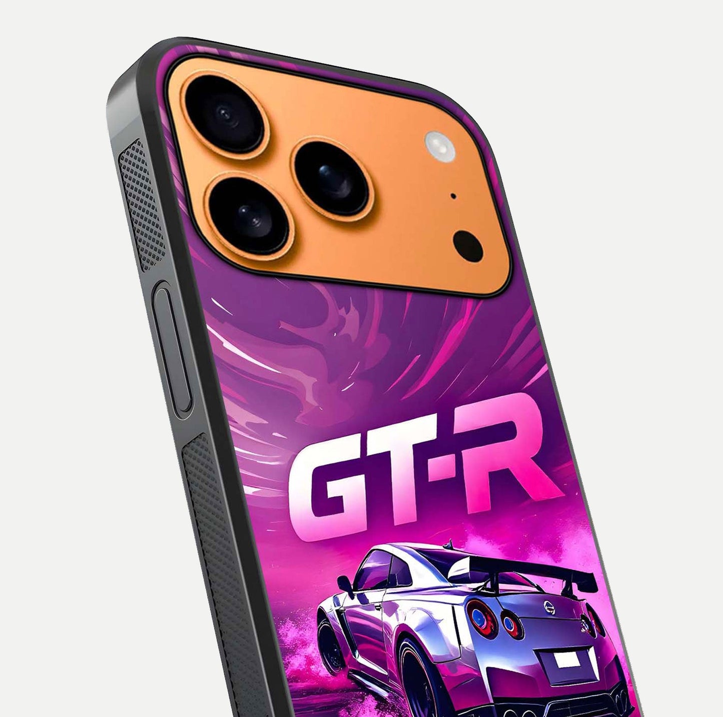 Speed Drift Legend Glass Case for iPhone 17 Pro Max close-up angled shot highlighting speed lines and reflection