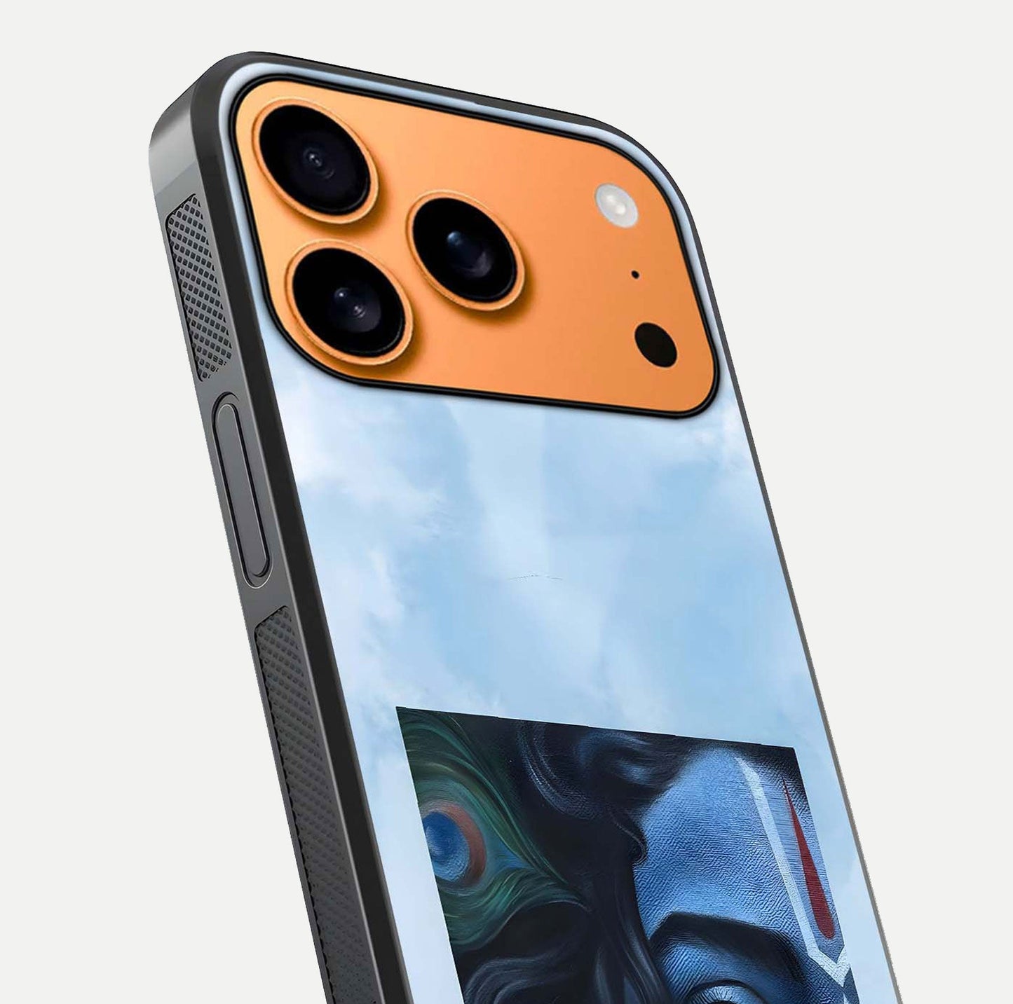 Spiritual Krishna Glass Case for iPhone 17 Pro Max close-up angled shot showing HD print, color tone, and reflection