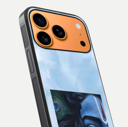 Spiritual Krishna Glass Case for iPhone 17 Pro Max close-up angled shot showing HD print, color tone, and reflection