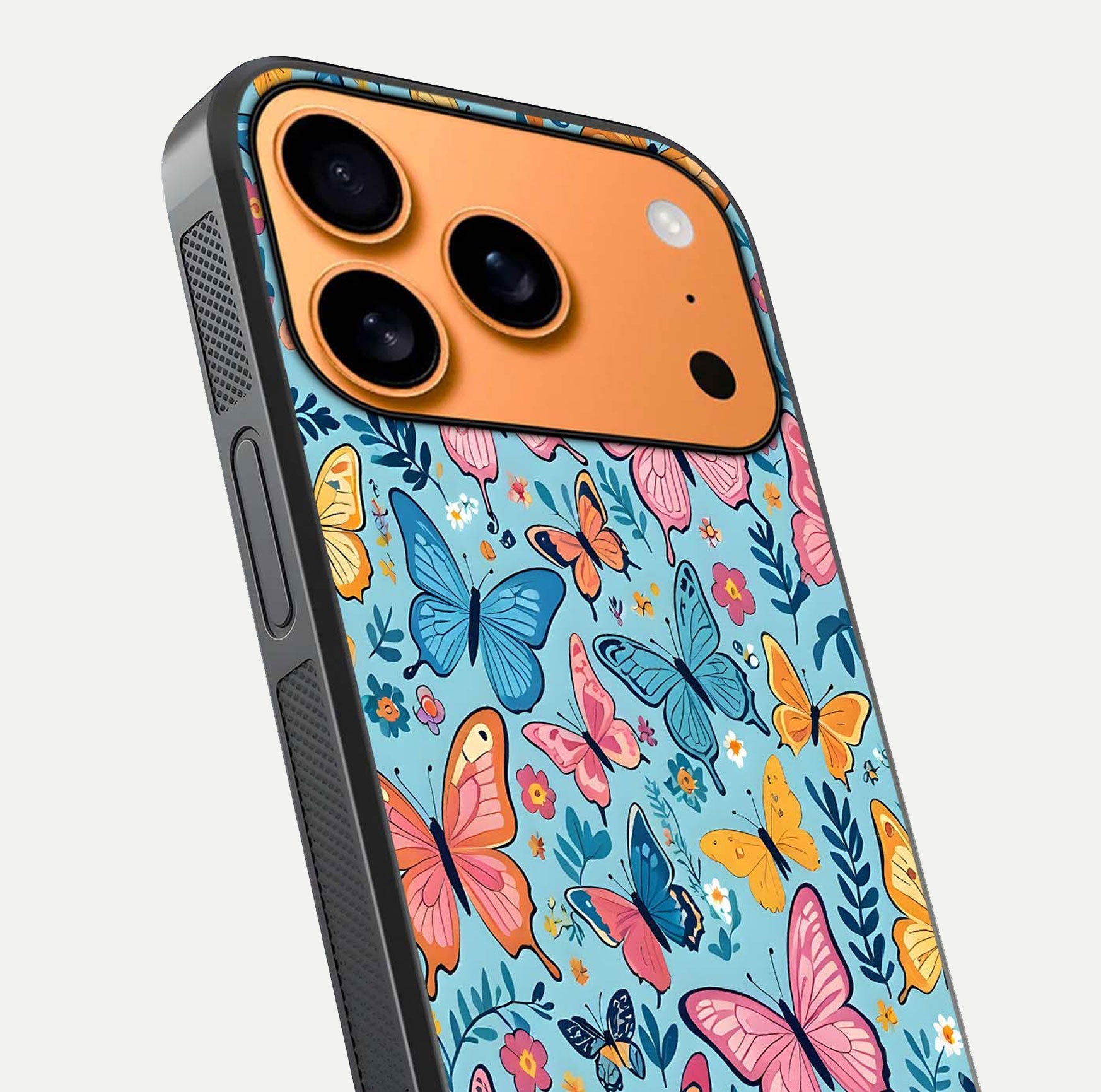 Spring Wing Garden Glass Case for iPhone 17 Pro Max close-up angled shot highlighting petal details and reflection