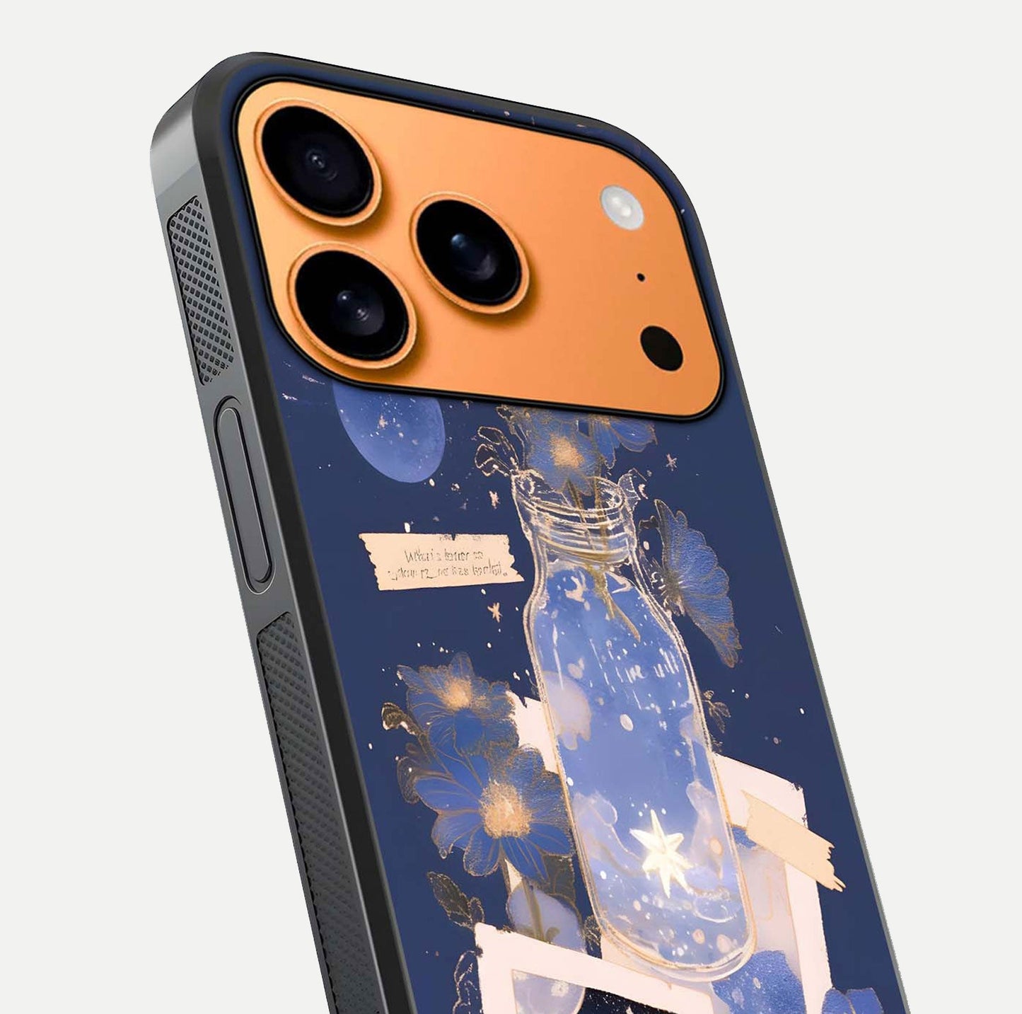 Starlit Cosmic Jar Glass Case for iPhone 17 Pro Max close-up angled shot highlighting stars, reflections, and HD shine