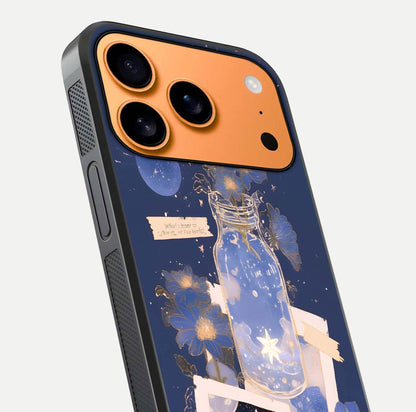 Starlit Cosmic Jar Glass Case for iPhone 17 Pro Max close-up angled shot highlighting stars, reflections, and HD shine