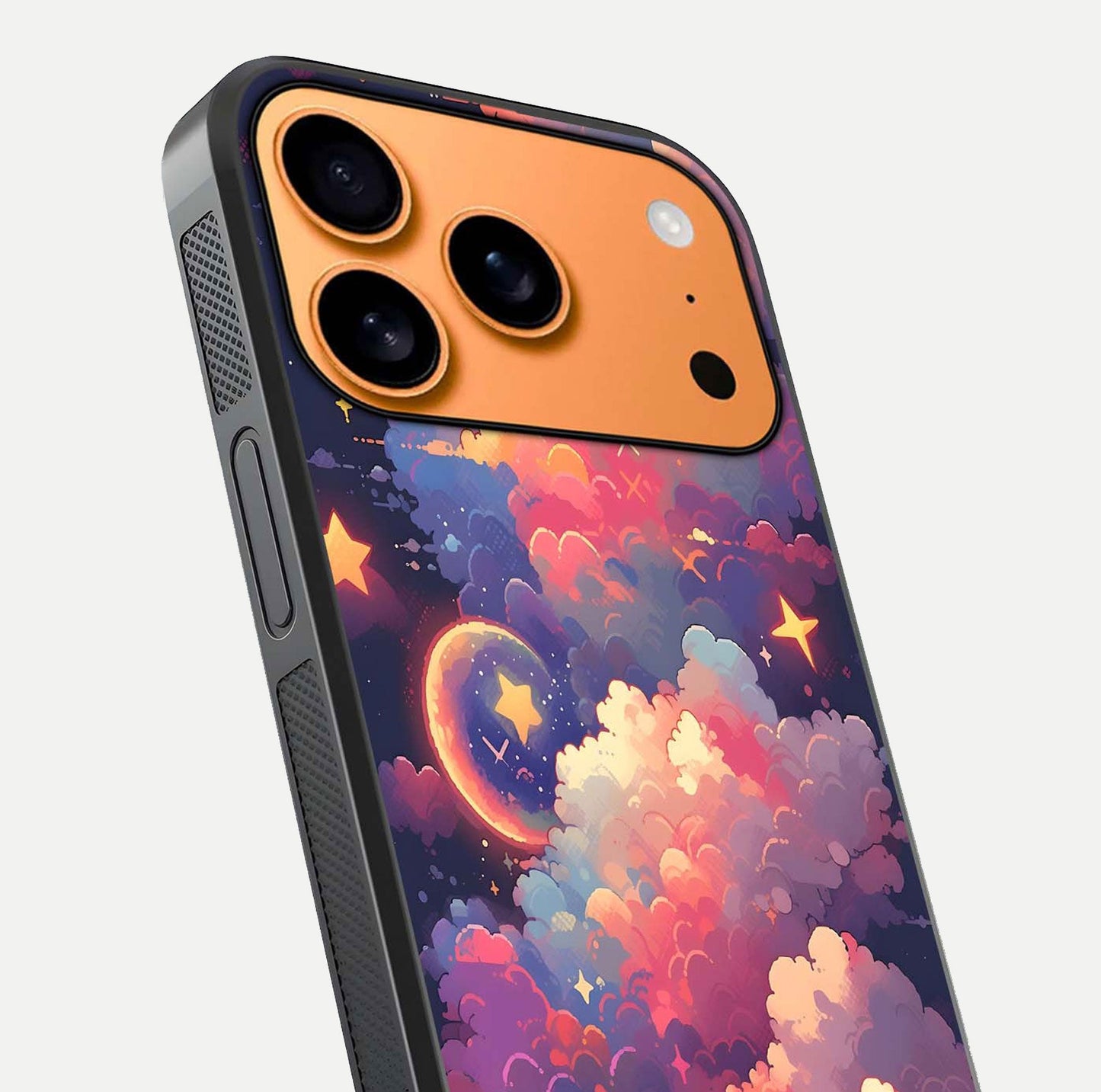 Starlit Dream Clouds Glass Case for iPhone 17 Pro Max close-up angled shot highlighting cloud texture and reflection