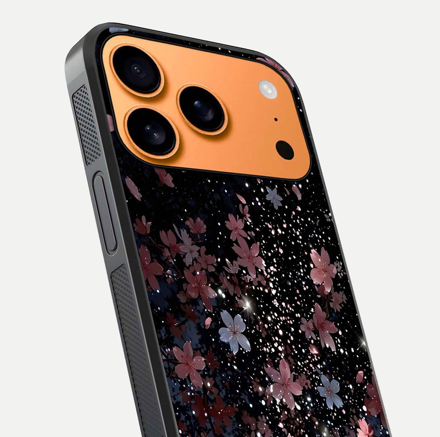 Starlit Flower Dreams Glass Case for iPhone 17 Pro Max close-up angled shot highlighting petal reflection and HD depth