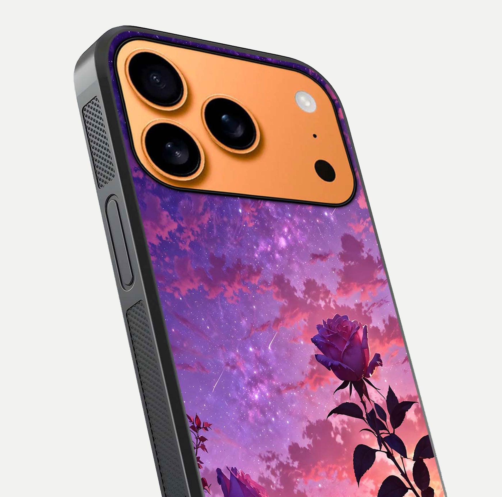 Starlit Rose Twilight Glass Case for iPhone 17 Pro Max close-up angled shot highlighting rose detail and reflection