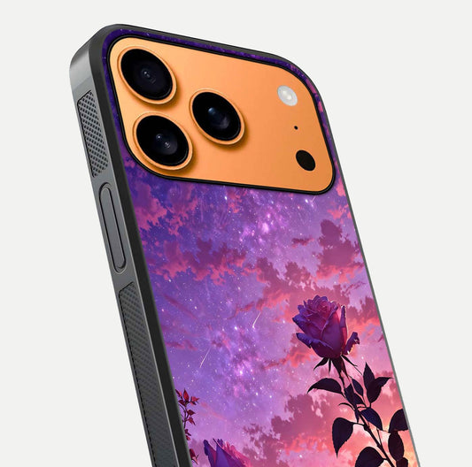 Starlit Rose Twilight Glass Case for iPhone 17 Pro Max close-up angled shot highlighting rose detail and reflection