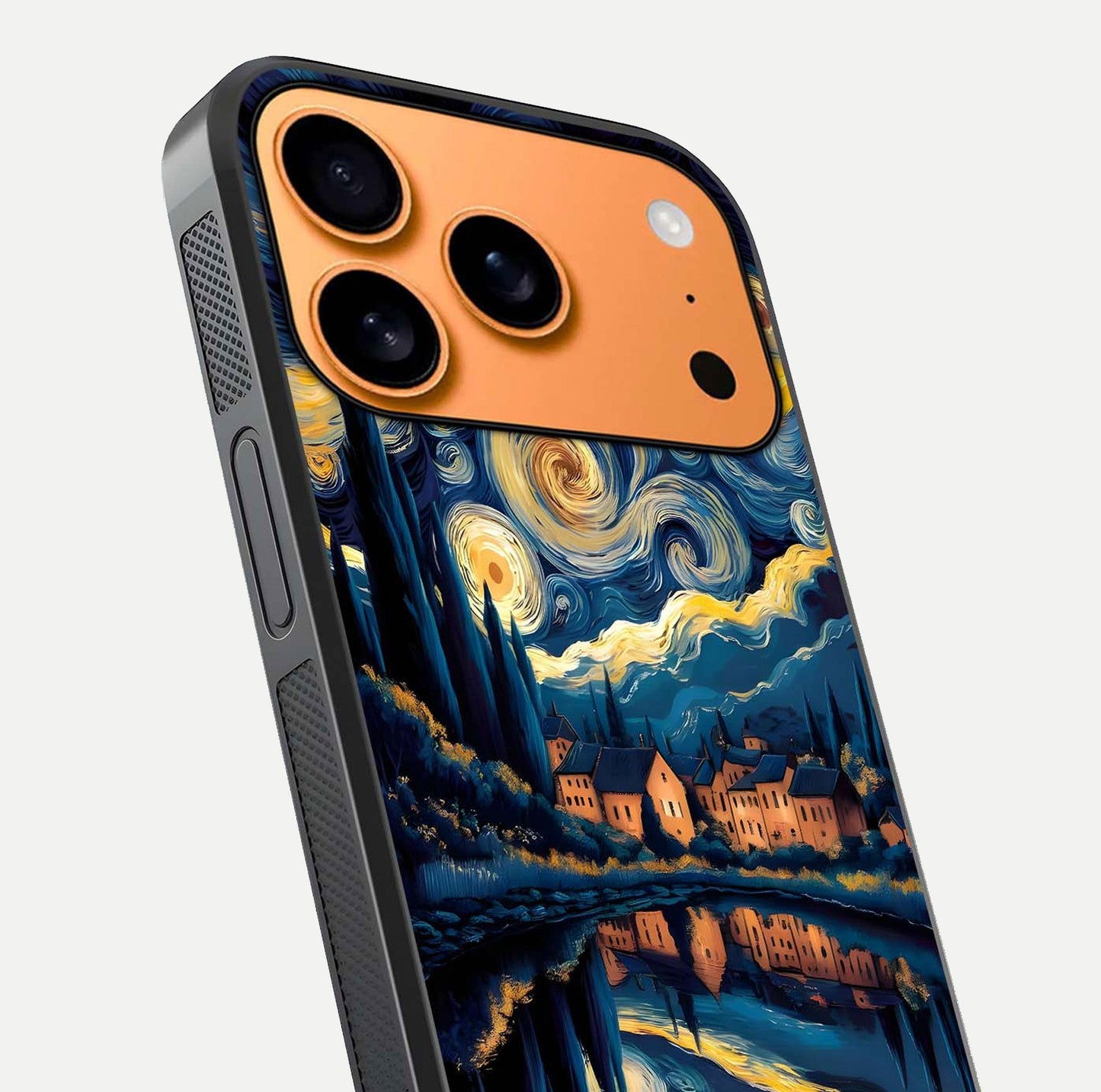 Starry Sky Serenity Glass Case for iPhone 17 Pro Max close-up angled shot highlighting light reflection and blue hues