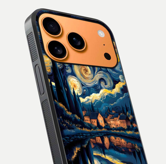 Starry Sky Serenity Glass Case for iPhone 17 Pro Max close-up angled shot highlighting light reflection and blue hues